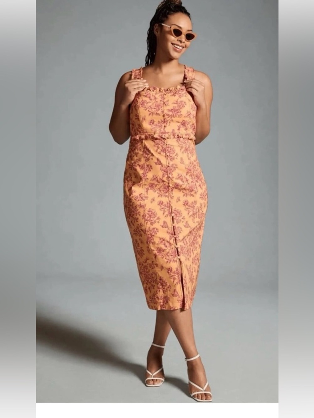 Anthropologie Peach Floral Midi Dress with Pink Print